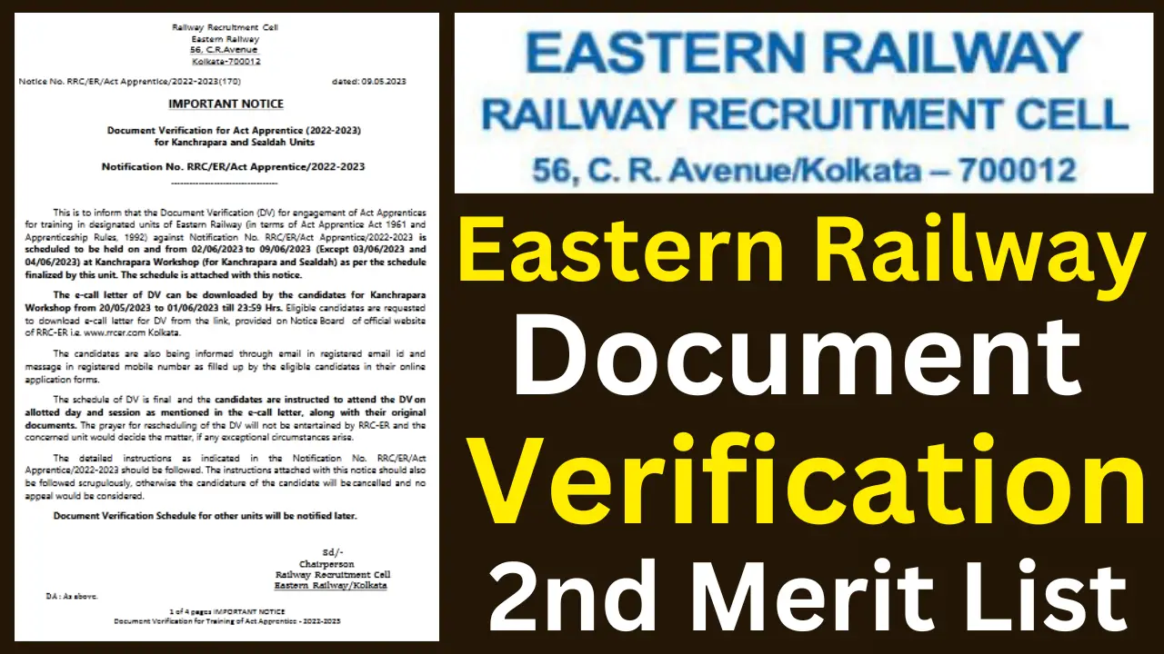 Eastern Railway Kolkata Apprentice Merit List DV 2023