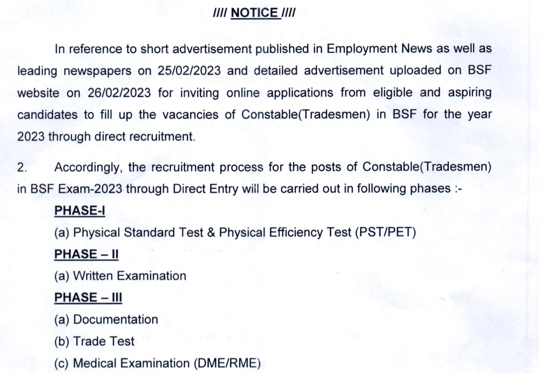 BSF Tradesman Admit Card 2023 » SUCCESS CAREER