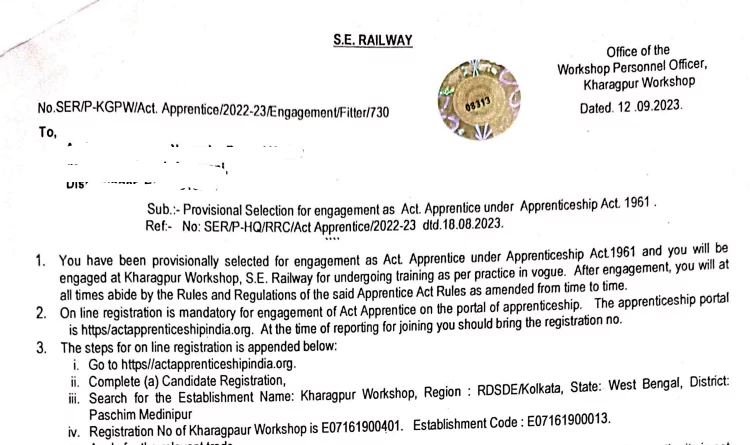 SER Kolkata Apprentice 2023 Final call letter out, 1785 Posts